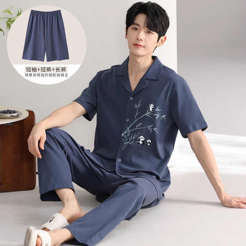 夏季男士100%纯棉睡衣宽松薄款大码家居服三件套亲肤休闲透气