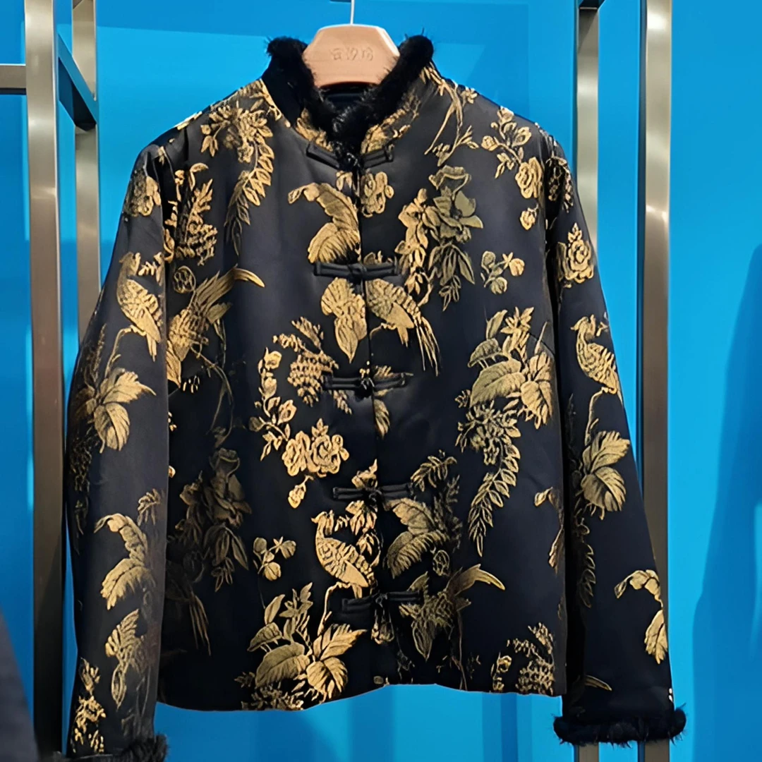 新中式国风设计师款黄花杜鹃刺绣盘扣毛领保暖显瘦休闲短款棉服