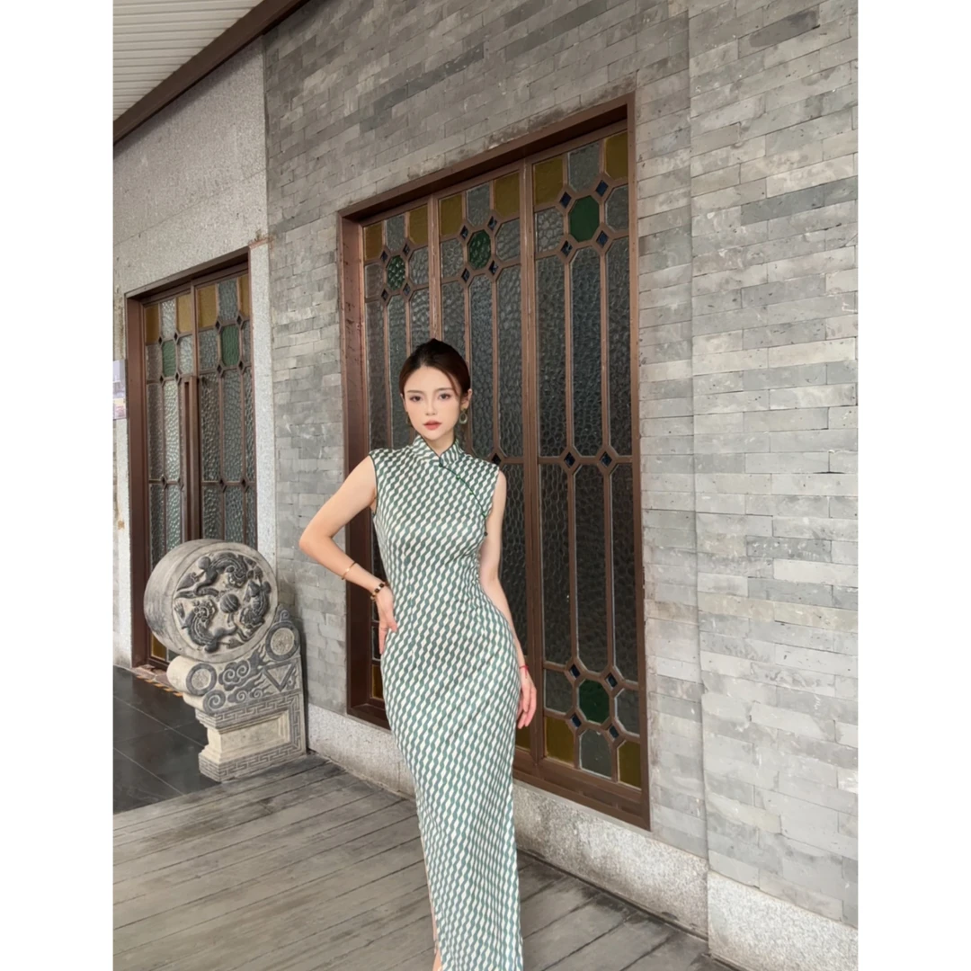 郑火火【小江南】新中式无袖格子通勤格子旗袍修身小泰风连衣裙