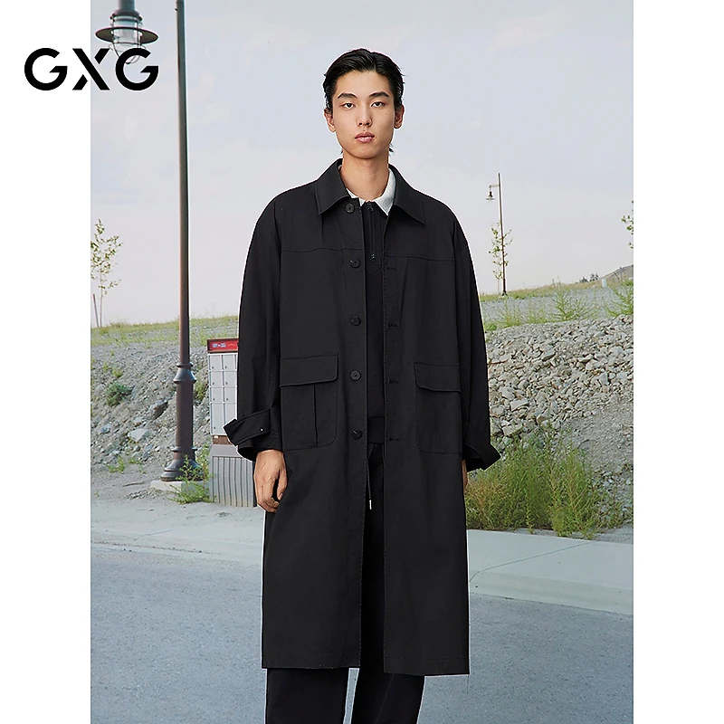 GXG男装 黑色单排扣中长款廓形风衣外套 25年春新品#G25D081001
