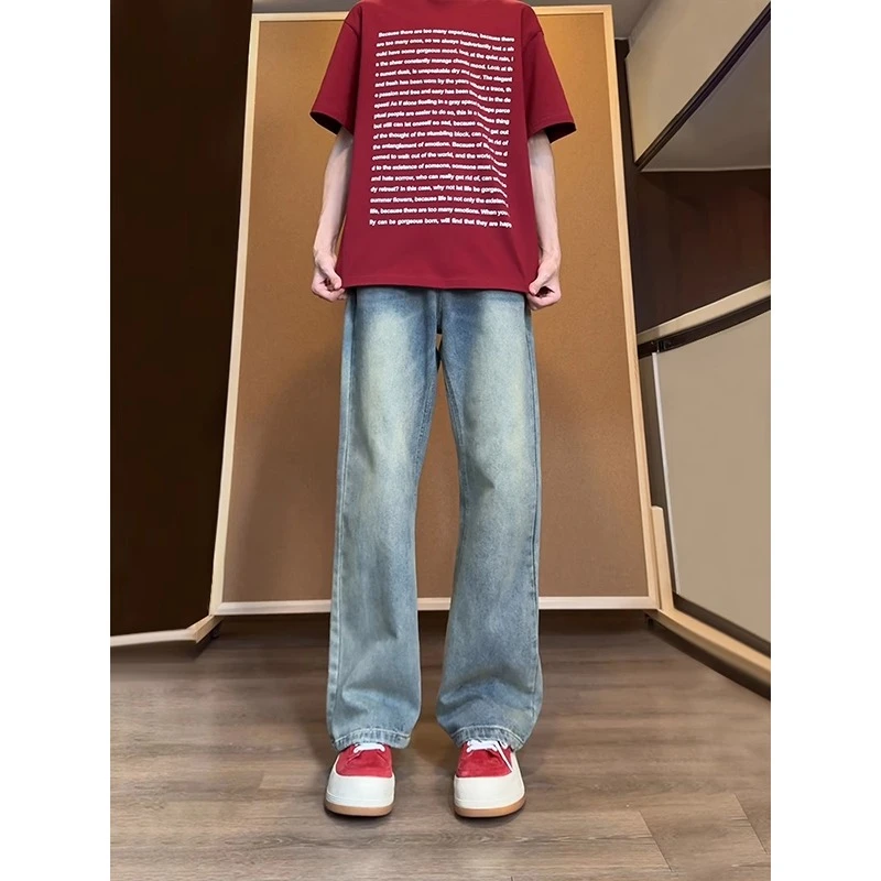 cleanfit穿搭复古蓝牛仔裤男款夏季美式高街vibe高腰提裆微喇裤子