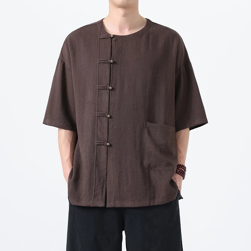 2025夏季新款 新中式男装上衣 亚麻衬衫 唐装复古风中山装半袖衫