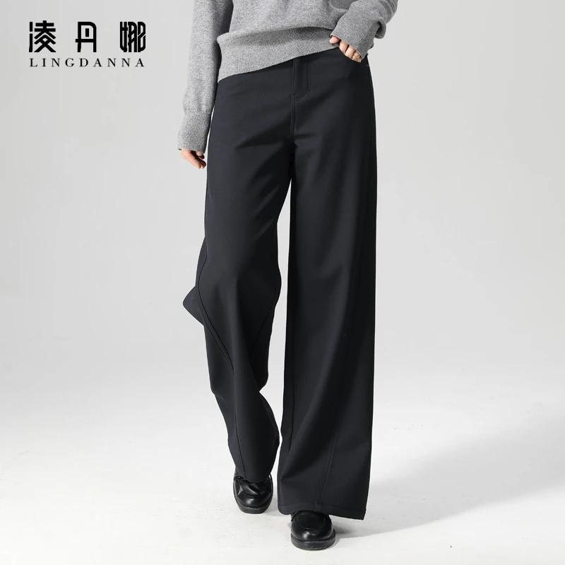 藏青色高腰加绒阔腿裤女秋冬新款宽松显瘦加厚裤子休闲拖地直筒裤