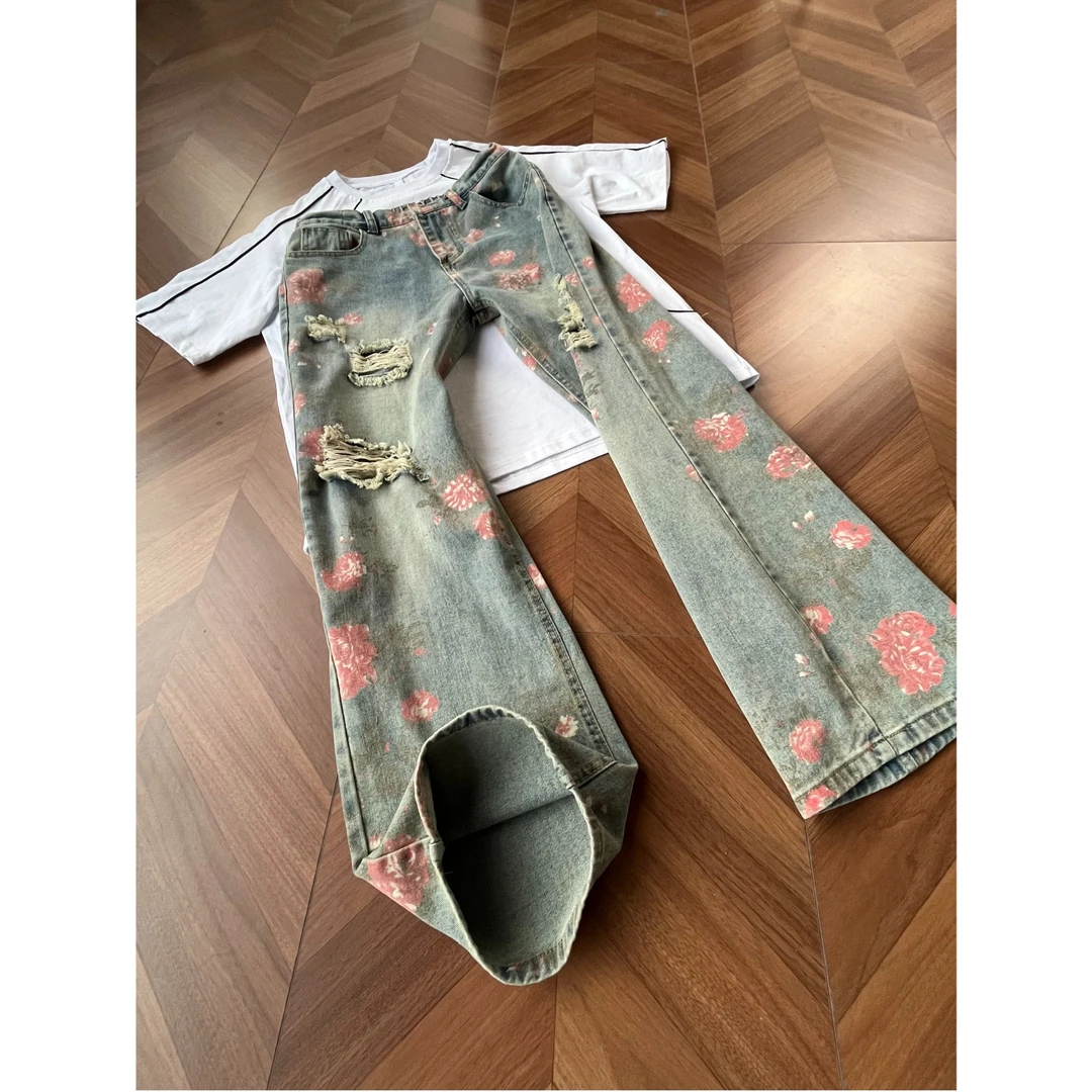 cleanfit花卉破洞牛仔裤男夏季潮牌水洗高街vibe裤子直筒微喇长裤