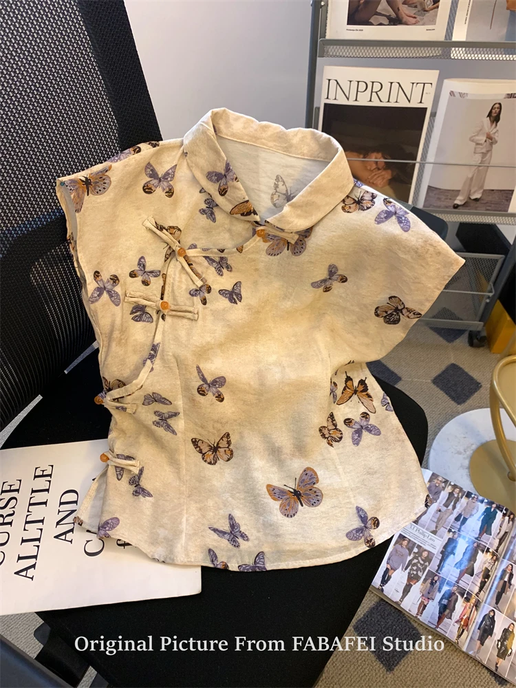新中式蝴蝶印花亚麻坎肩衬衫女夏小飞袖衬衣国风盘扣旗袍领小上衣