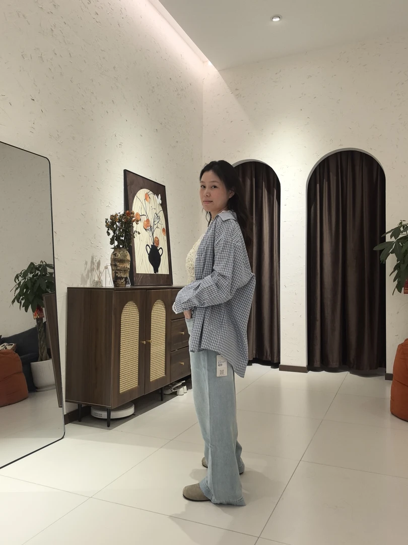 春季圆领休闲风衬衫成人格子长袖条纹休闲秋季上衣通勤蓝色