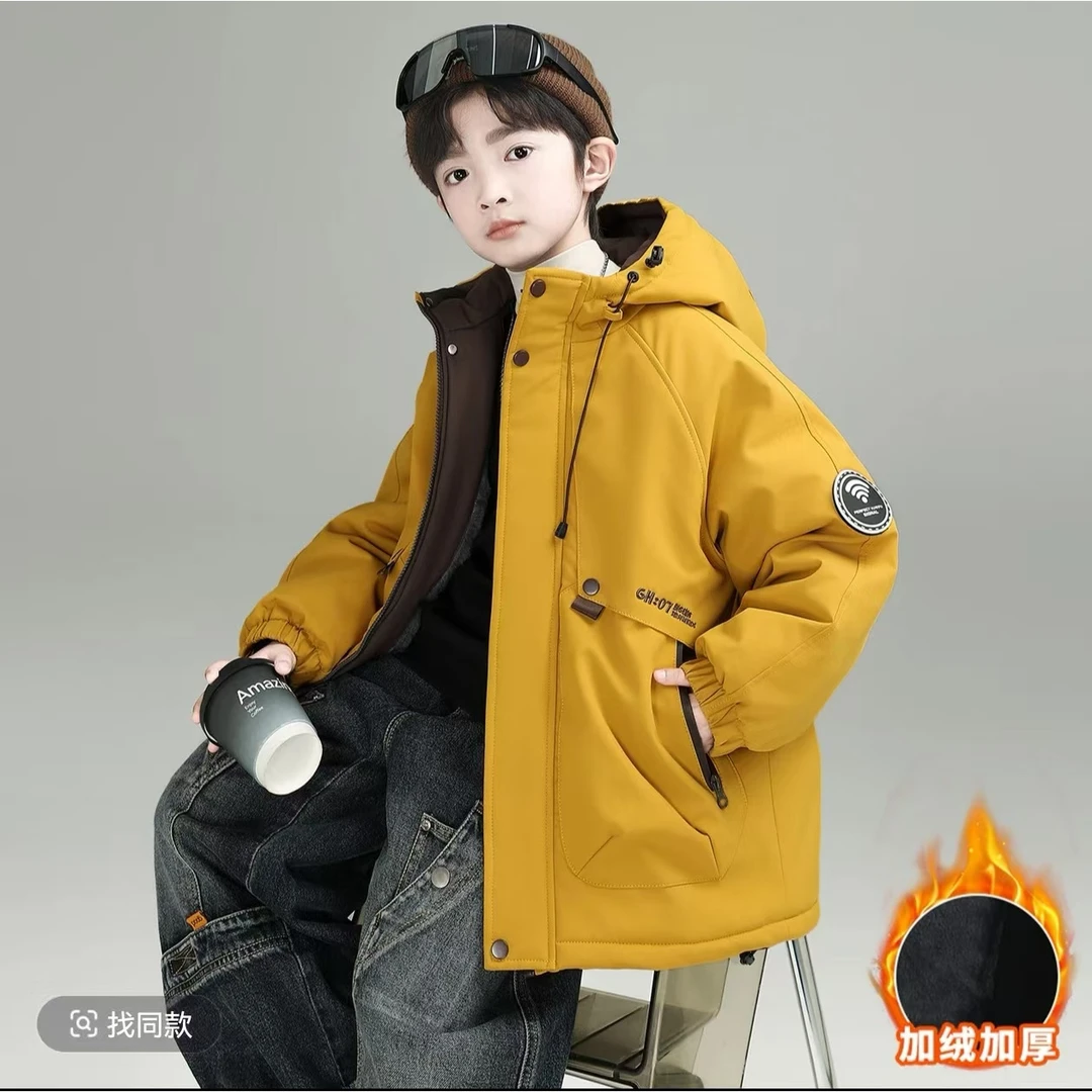 男童加绒加棉外套秋冬款2025新款儿童冬装宽松大童男孩加厚棉衣痞