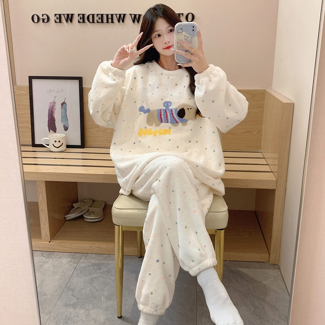 珊瑚绒睡衣女秋冬加厚保暖长袖卡通可爱冬季可外穿女士家居服套装