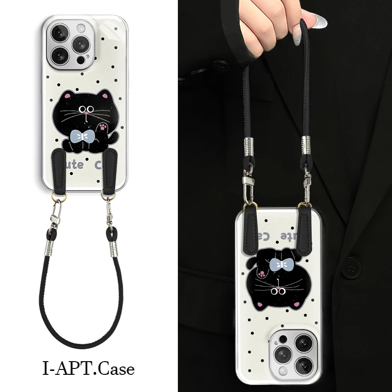 波点大脸黑猫水凝玻璃壳适用iPhone苹果16手机壳华为oppo小米vivo