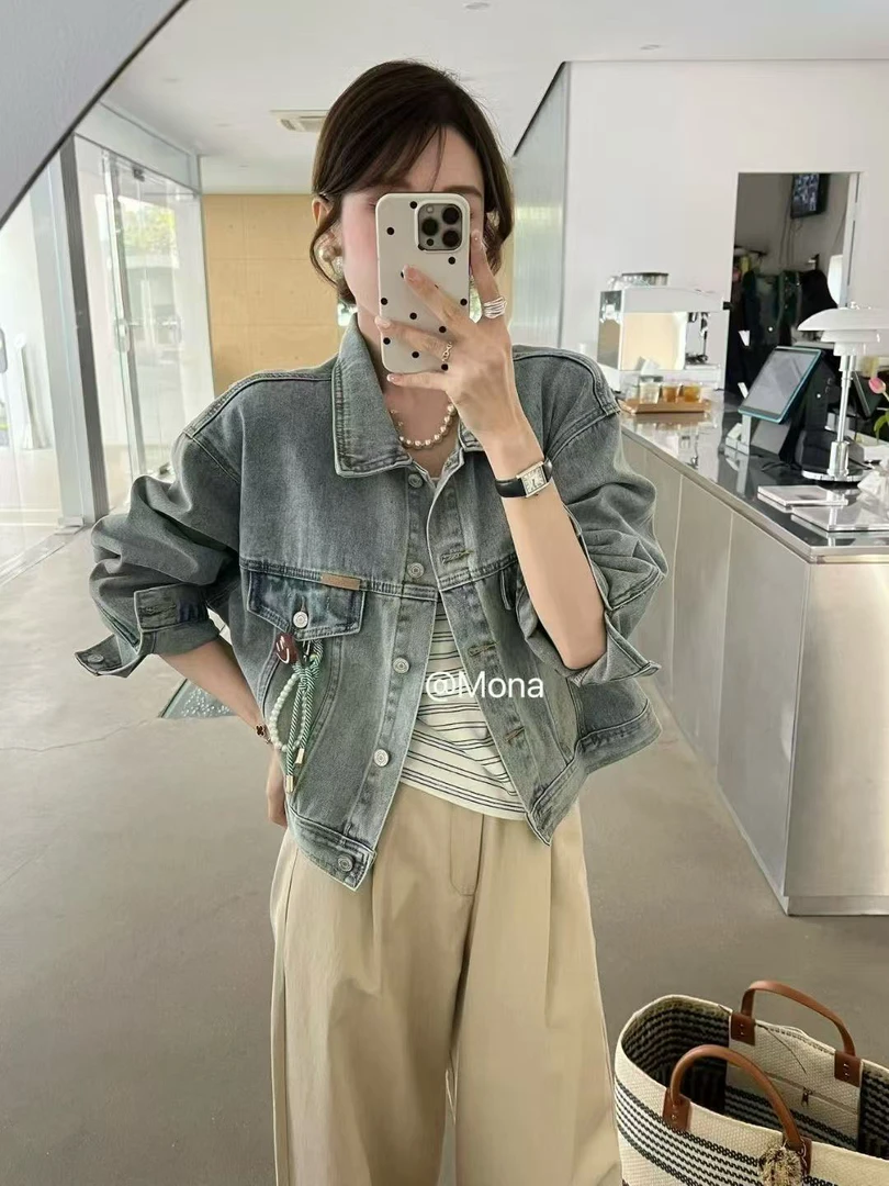单排扣短外套春季落肩上衣休闲牛仔衣长袖重工女春款