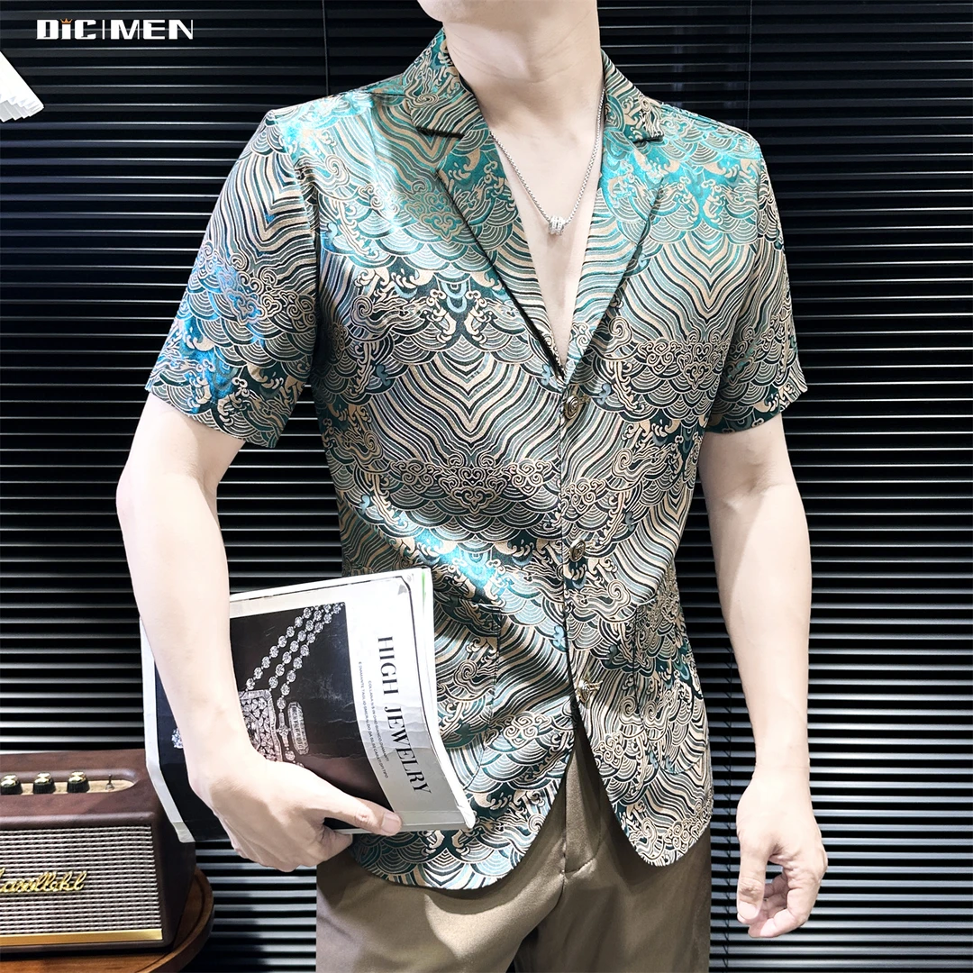 提花西装男短袖男款爆款2025新款夏季高级感男装痞帅男生上衣休闲