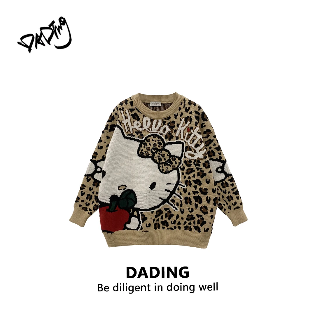 DADING【KT猫】 冬季新款豹纹套头针织衫毛衣井9956
