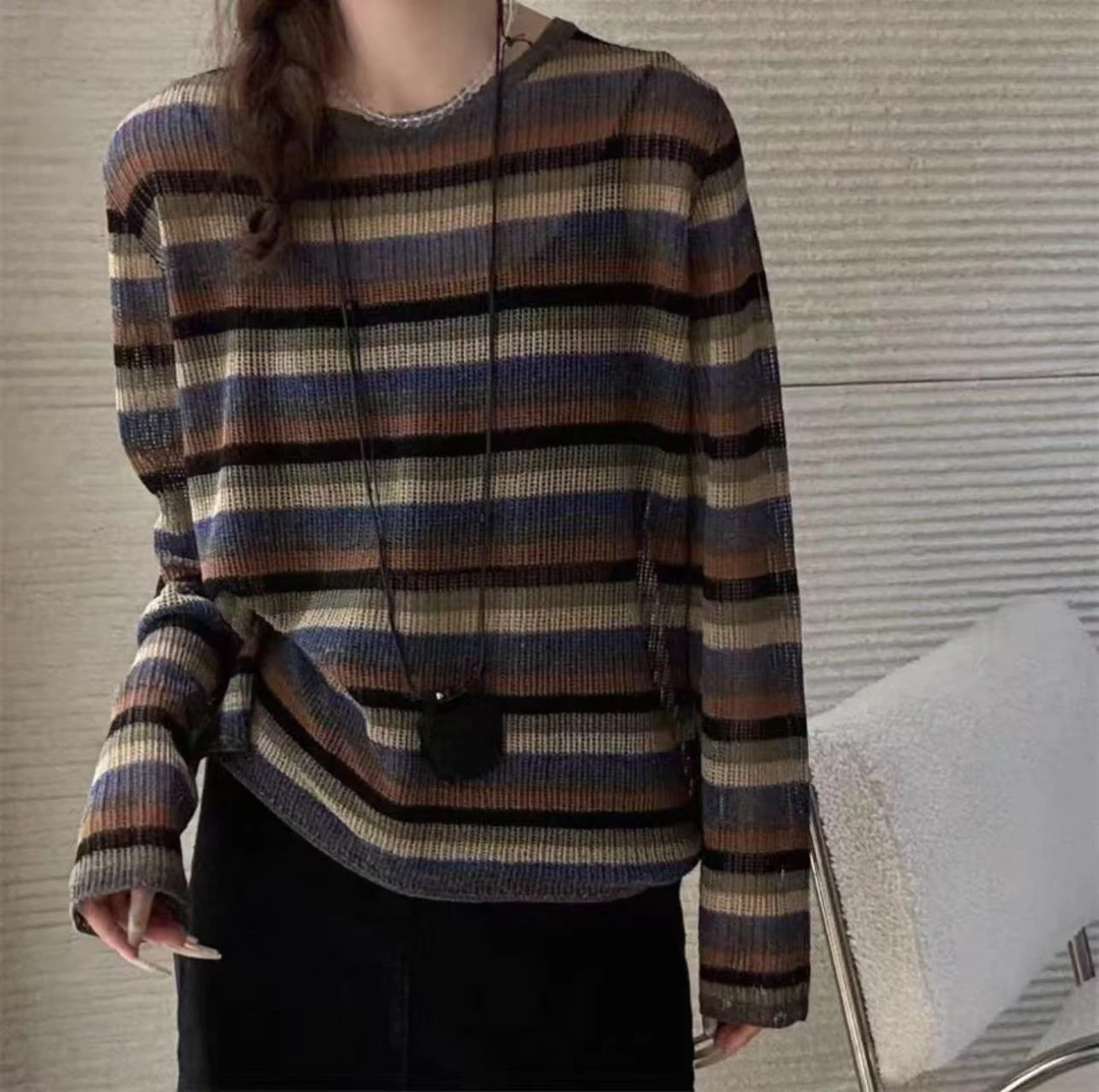 （静静家）彩虹条百搭时尚圆领长袖上衣 新选f1382 J022456