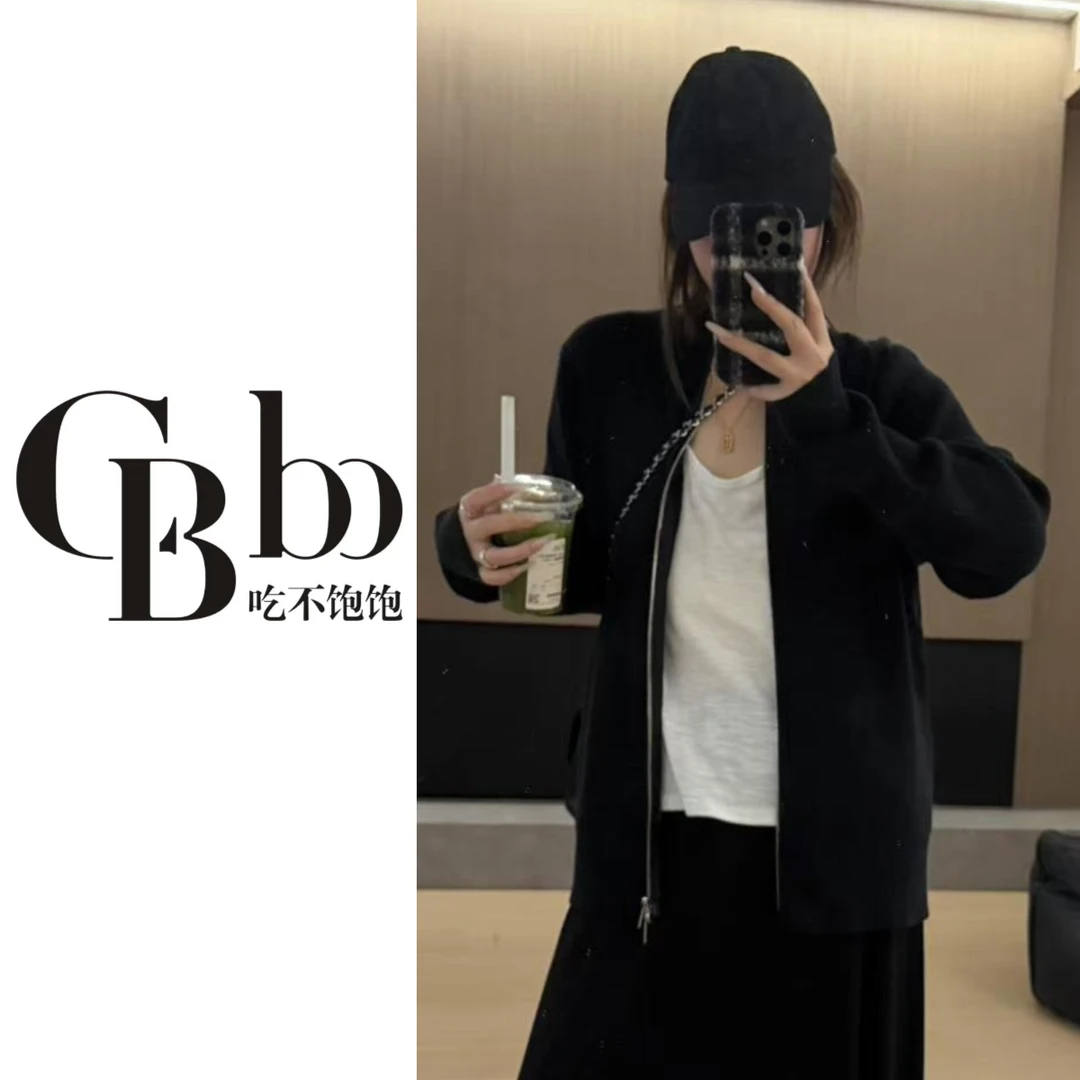 【吃不饱饱】大码 塞纳薄雾 拉链针织修身毛衣开衫显瘦简约8529