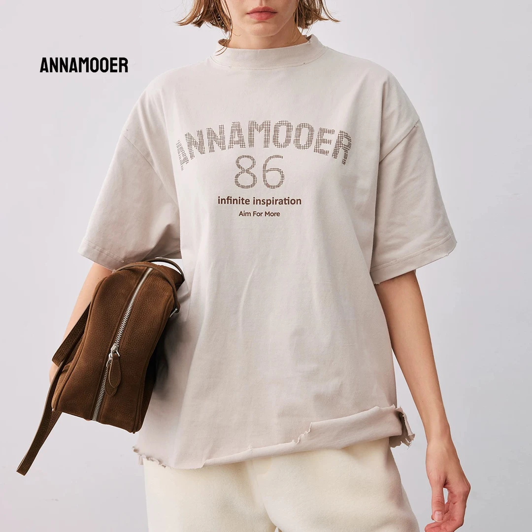 ANNAMOOER纯棉女印花短袖复古撞色logo印花t恤 米色
