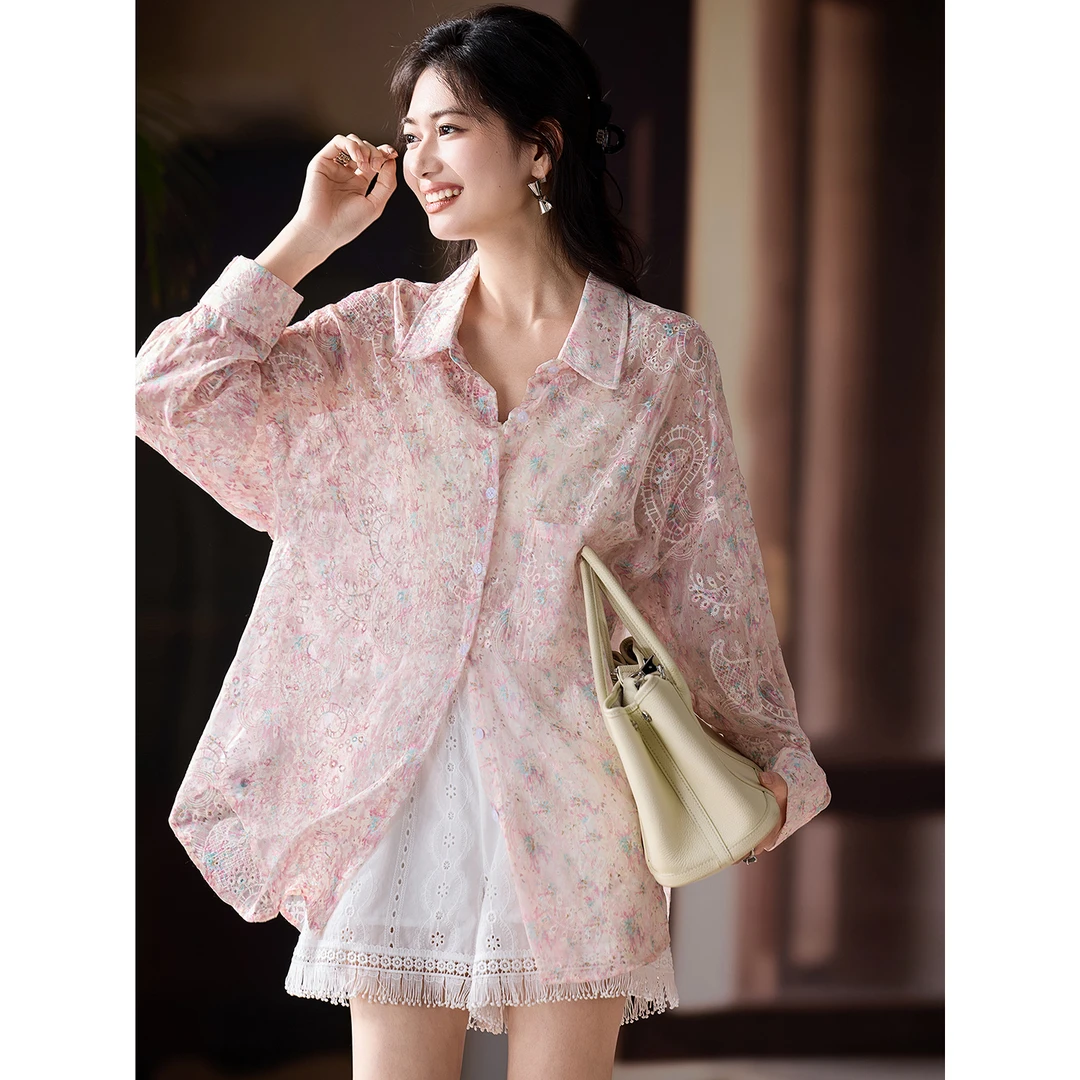 DUCURNO粉色印花刺绣雪纺衬衫女夏季2025新款大码宽松气质上衣潮
