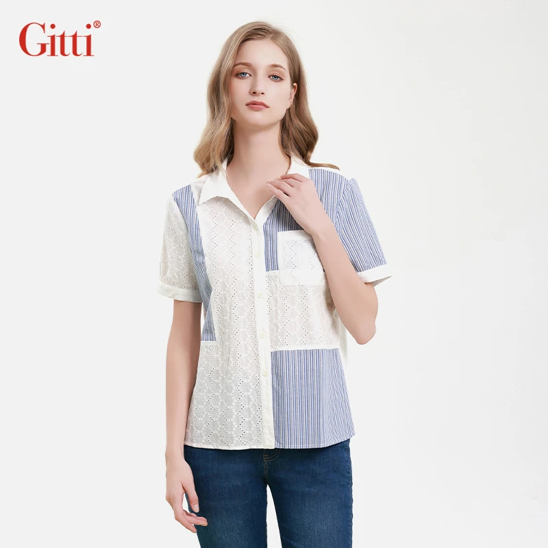 Gitti/吉蒂2025夏季新款条纹提花拼接衬衫女棉短袖衬衣G251306