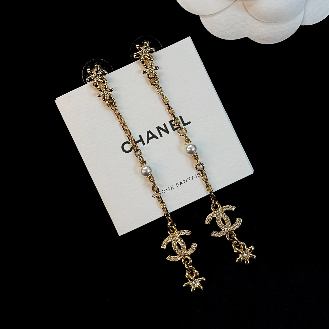 99新 Chanel/香奈儿 23A金色小花双C长款耳钉