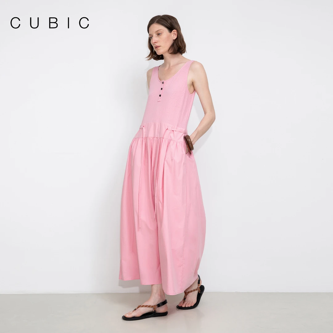 CUBIC夏季针梭织拼接亨利领松弛感通勤度假背心仙女连衣裙