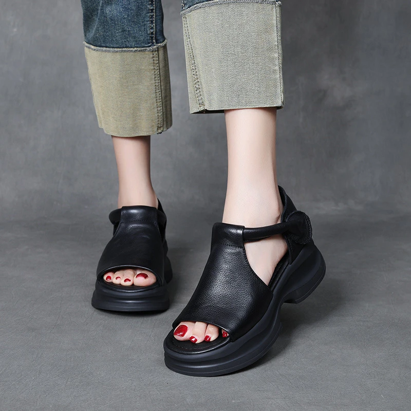 头层牛皮手工凉鞋女包根魔术贴厚底超轻凉鞋夏季女士中空松糕凉鞋