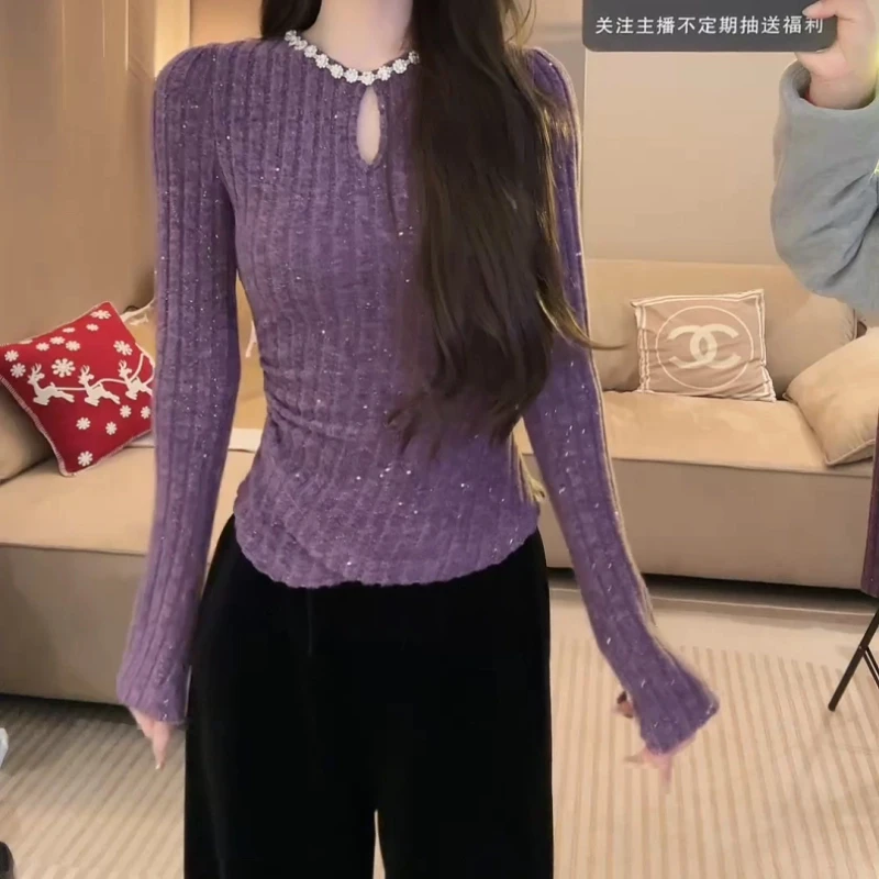 2024新款冬季法式设计感重工水钻领镂空长袖修身显瘦打底衫上衣