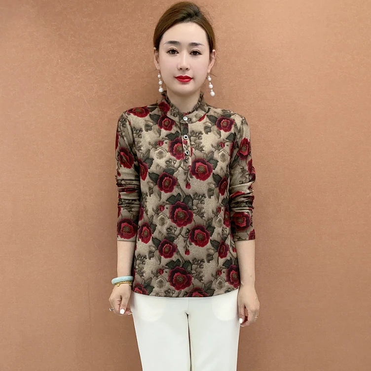 609秋季立领木耳领宽松型碎花中老年女装半高领复古显瘦洋气上衣