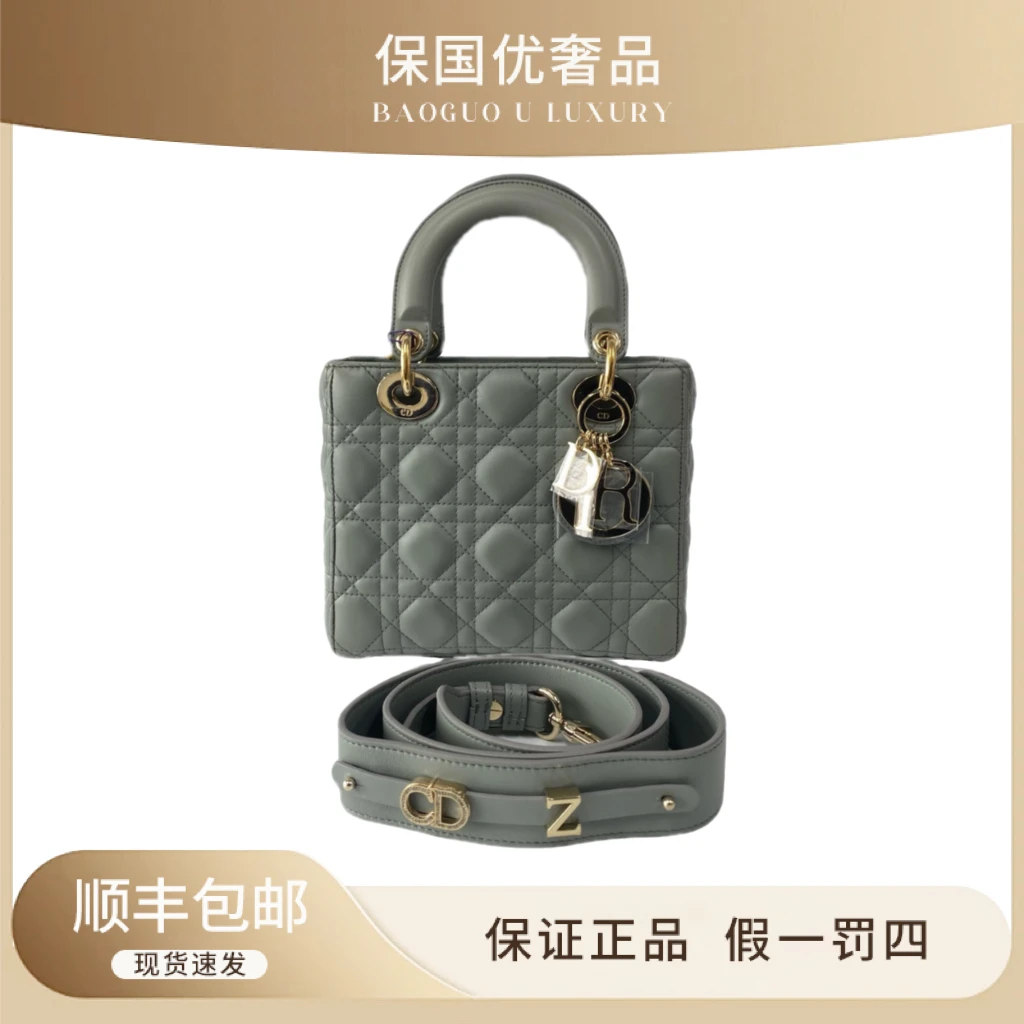 99新 DIOR/迪奥 99新 岩石灰金扣四格戴妃手提斜挎包