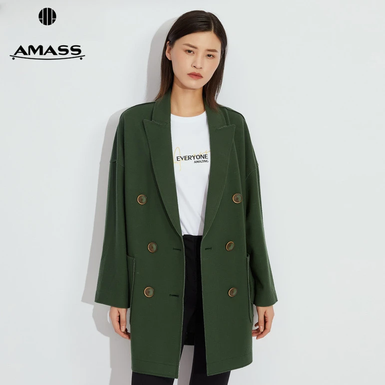 阿玛施AMASS新款女装气质保暖压缩羊毛中长款纯色宽松外套5400465