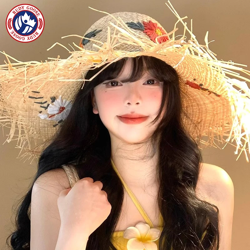 RUDY GOOSE花朵拉菲草帽女夏海边法式大帽檐草编遮阳防晒帽太阳帽