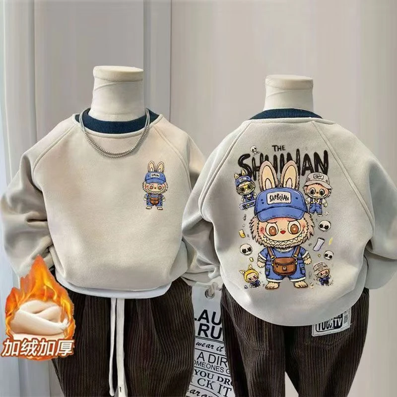 男童卫衣圆领卡通新款秋冬拉布洋气儿童加绒小童上衣中童男孩打底