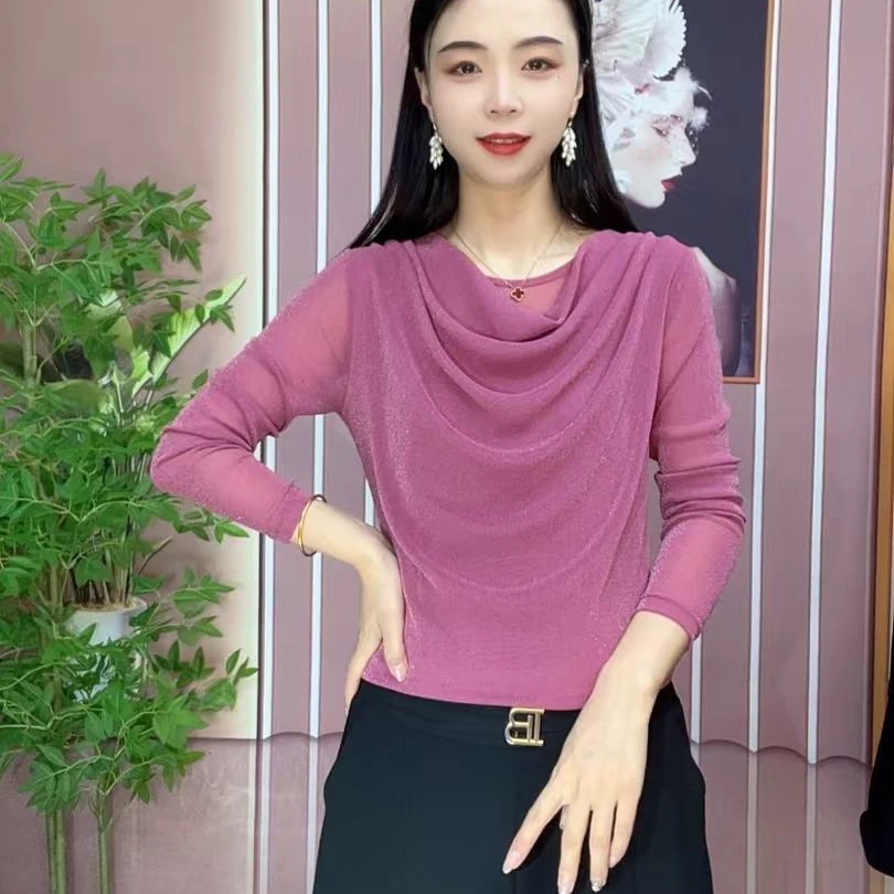 长袖镂空常规款轻职风堆堆领T恤夏季圆领设计师纯色休闲