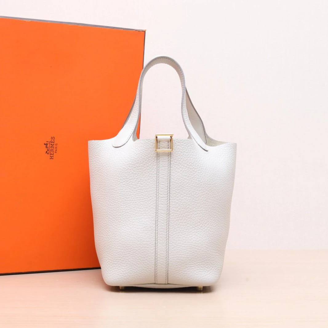 99新 Hermes/爱马仕 【小花Han】 18 菜篮子 冰川白 TC皮 B刻金扣
