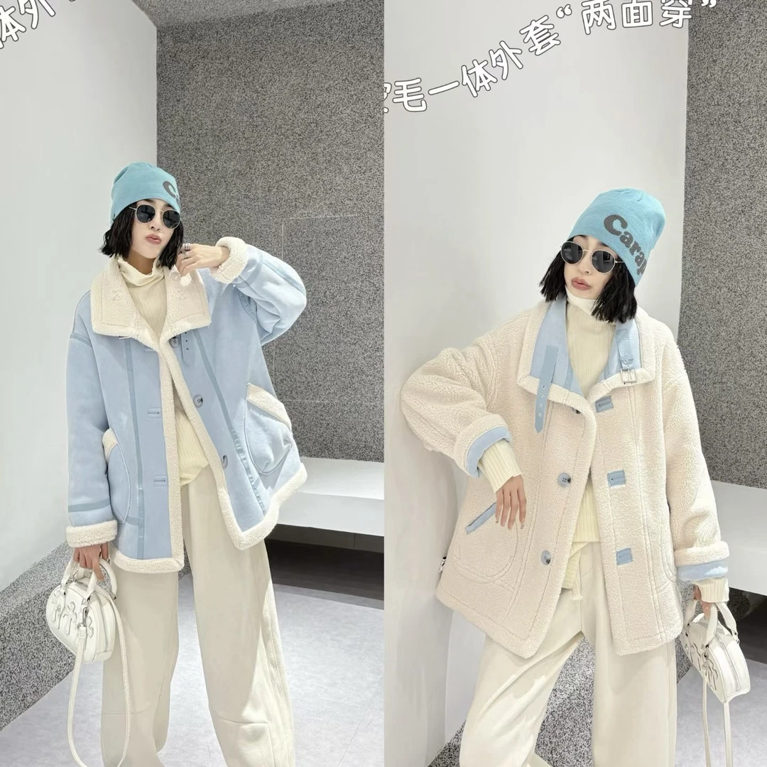 胖胖家*9898新款两面穿毛毛一体机车服两面穿保暖外套