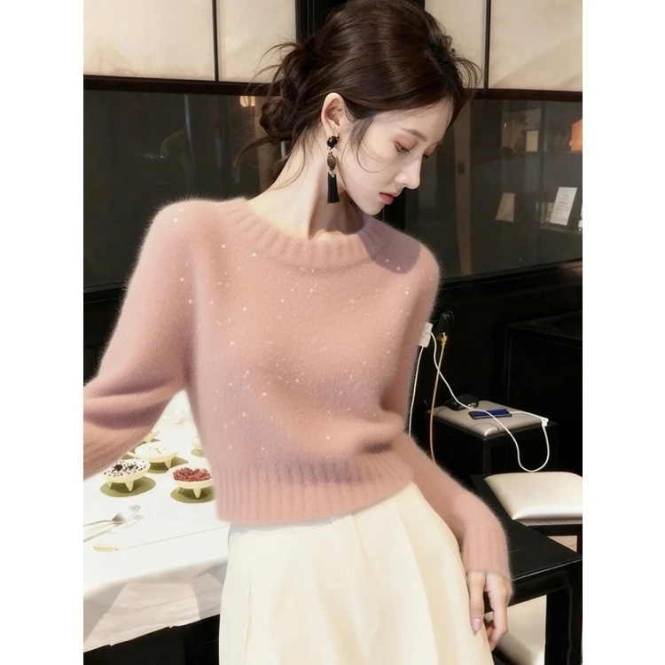 软糯慵懒风粉色亮片针织衫女2025冬季独特漂亮高级感加厚套头毛衣