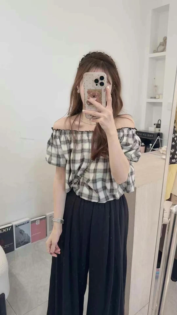 ouran 夏款G1321百搭显瘦格子上衣+休闲裤套装（上衣可拉一字肩）
