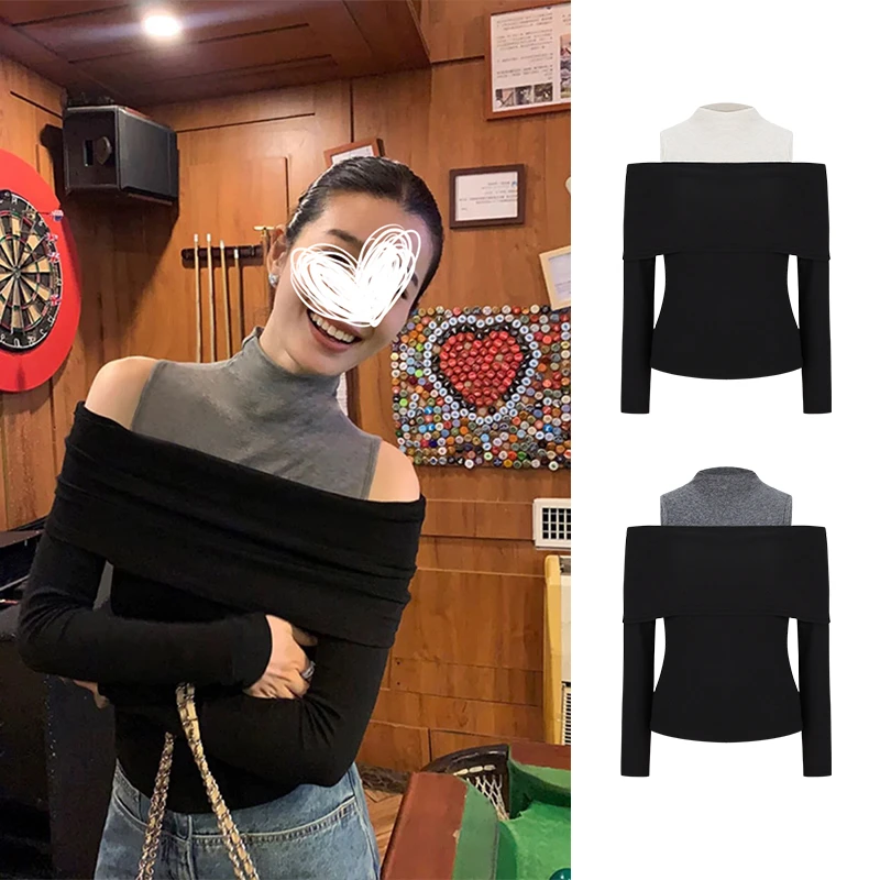 Moses Queen/魔西女王法式假两件一字肩长袖T恤修身显瘦露肩上衣