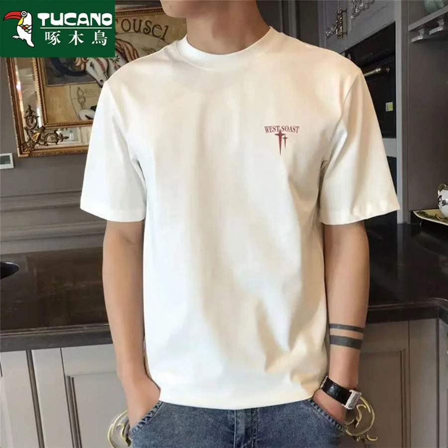 啄木鸟2024夏季纯棉短袖T恤男潮流宽松圆领_上衣服打底衫全棉半袖