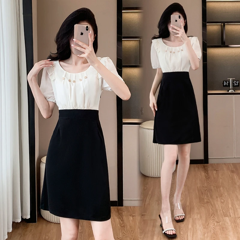 2025夏季新款小个子连衣裙假两件雪纺拼接显瘦时尚裙子