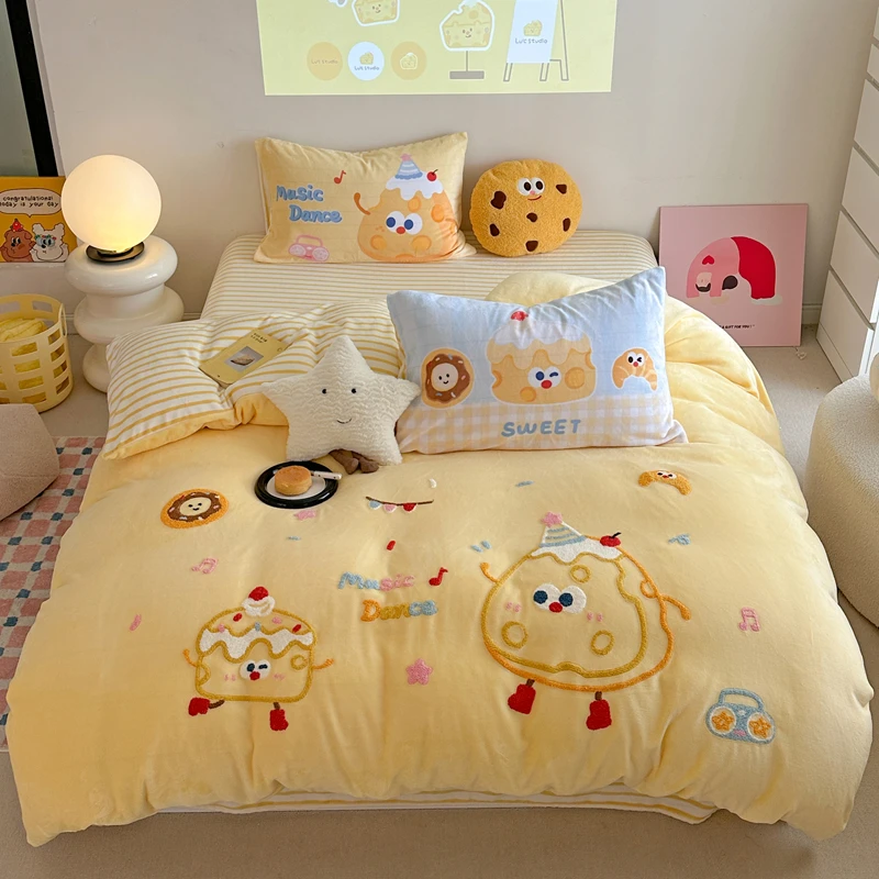 喜番丨特！ins卡通系列 冬季加厚牛奶绒三件套四件套双面绒毛巾绣