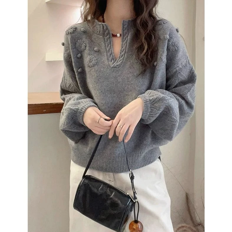 漂亮灰色长袖针织衫女爆款2025春秋新款慵懒版上衣设计感小众衣服