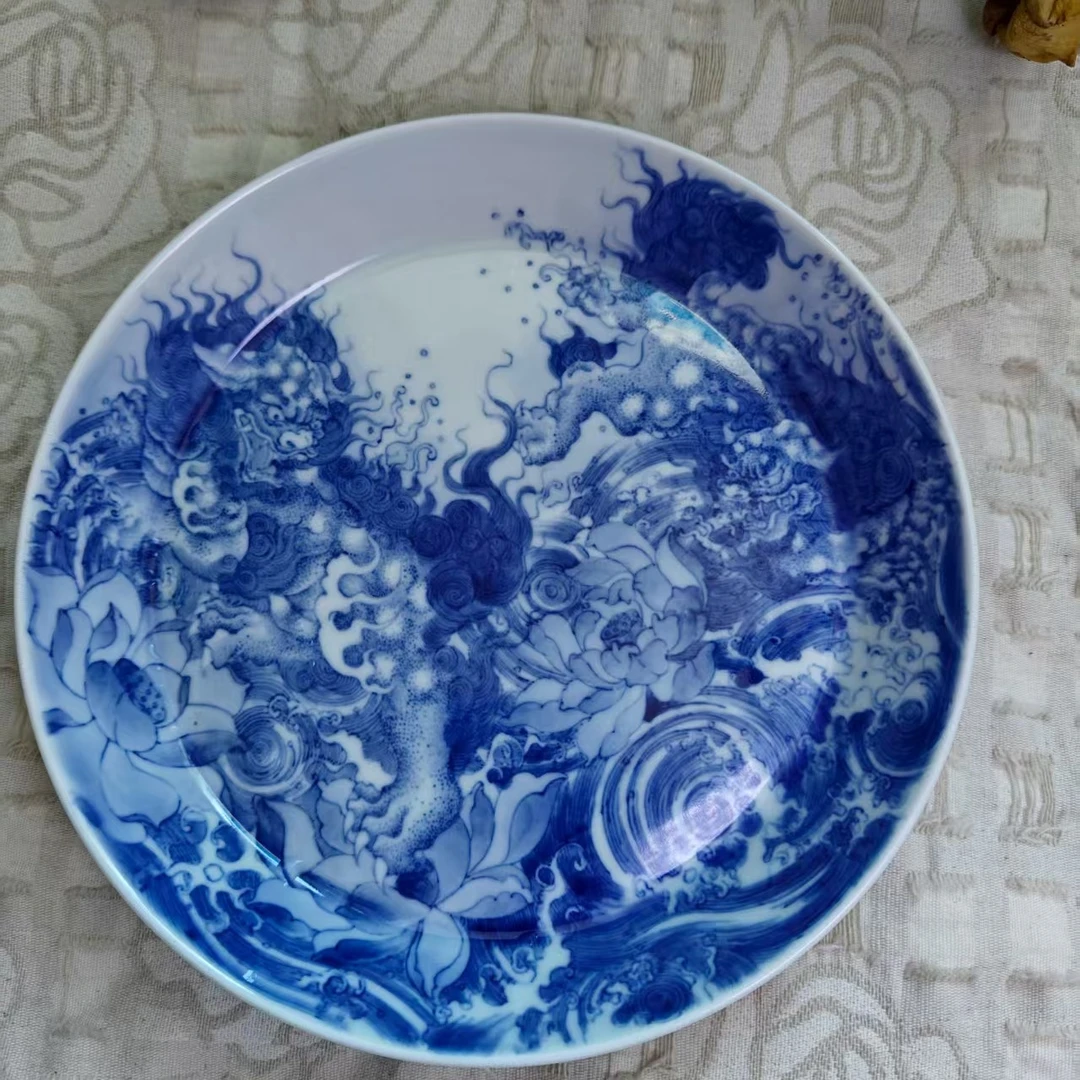景轩柴窑手绘青花双狮夺宝仿清陶瓷手工茶具壶承圆盘蓝色茶盘