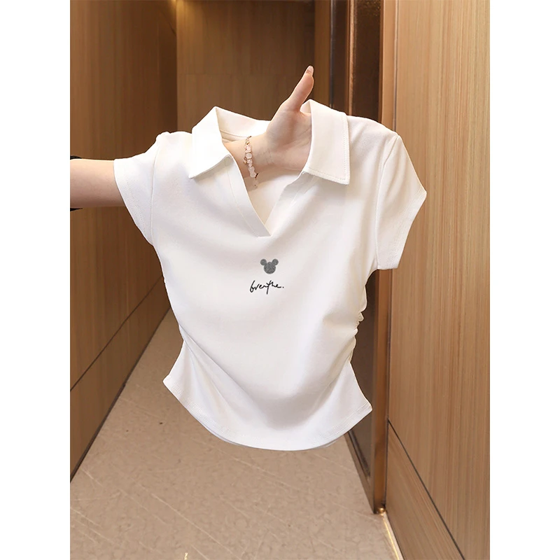 白色POLO领短袖t恤女2025年新款夏季甜辣修身显瘦短款洋气上衣女