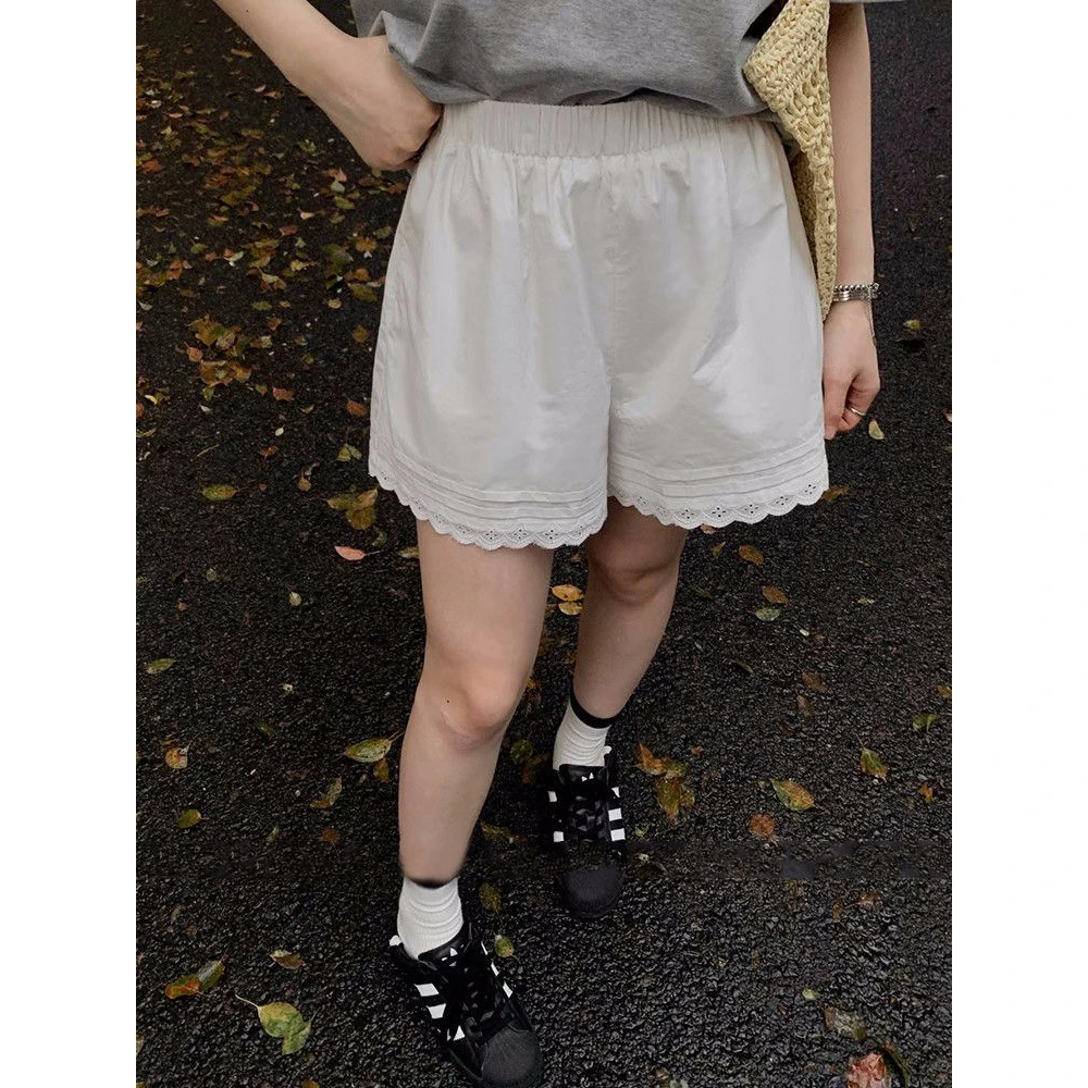 白色蕾丝花边休闲短裤女夏季2025新款宽松外穿a字阔腿运动裤热裤