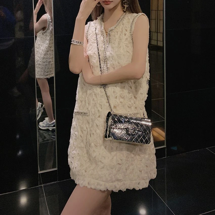 小香风裙子女2025春夏新款镂空背心裙茶歇法式高级设计感连衣裙
