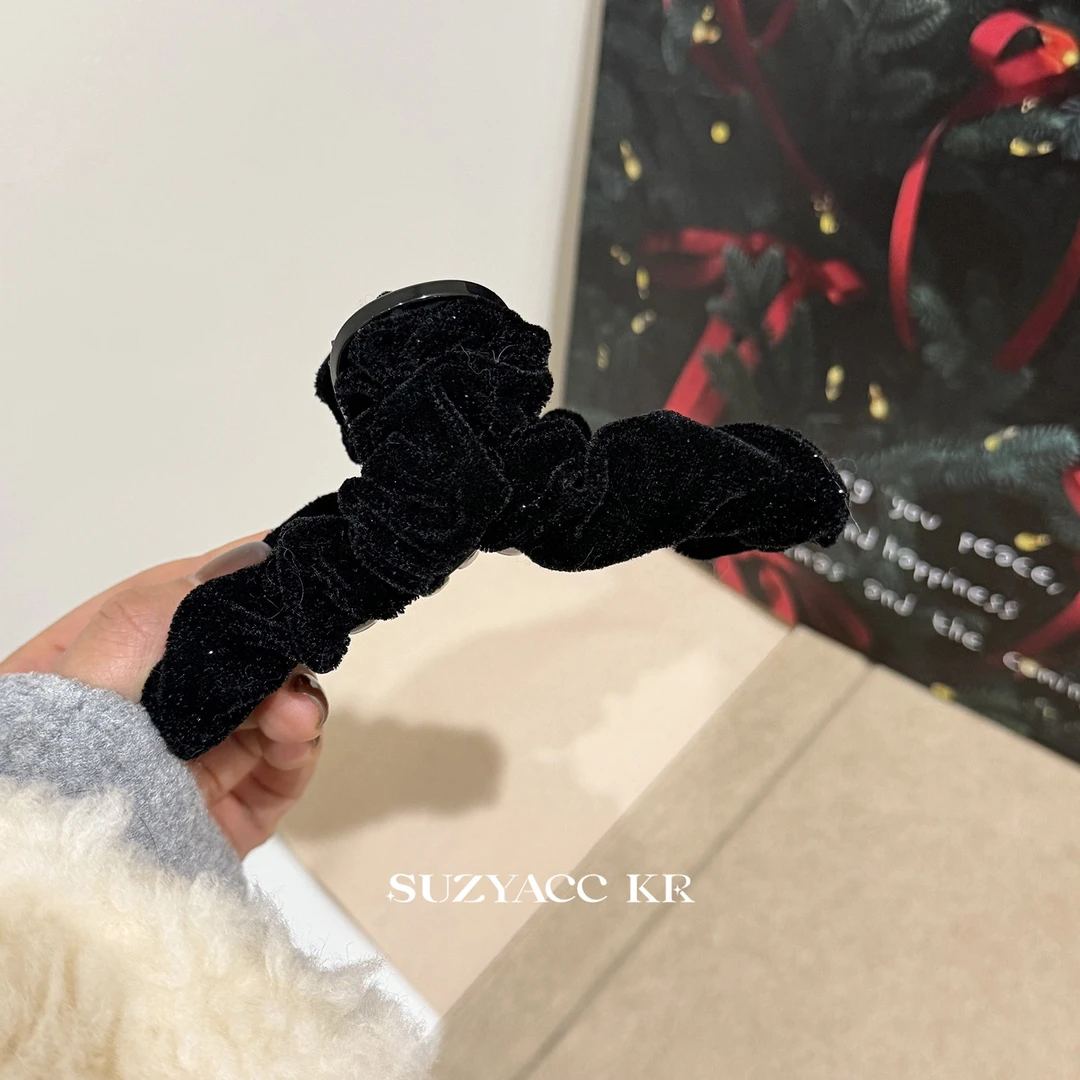 Suzyacc Kr细闪丝绒抓夹气质网红可爱黑色百搭简约韩版手工F4649