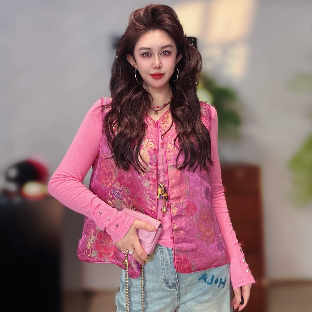 春季新款时尚复古中国风无袖提花新中式马甲女士显瘦花色马夹唐装