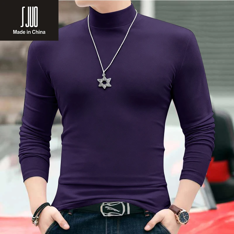 SJUO秋冬季德绒保暖长袖半高领打底衫男装纯色宽松显瘦百搭t恤内