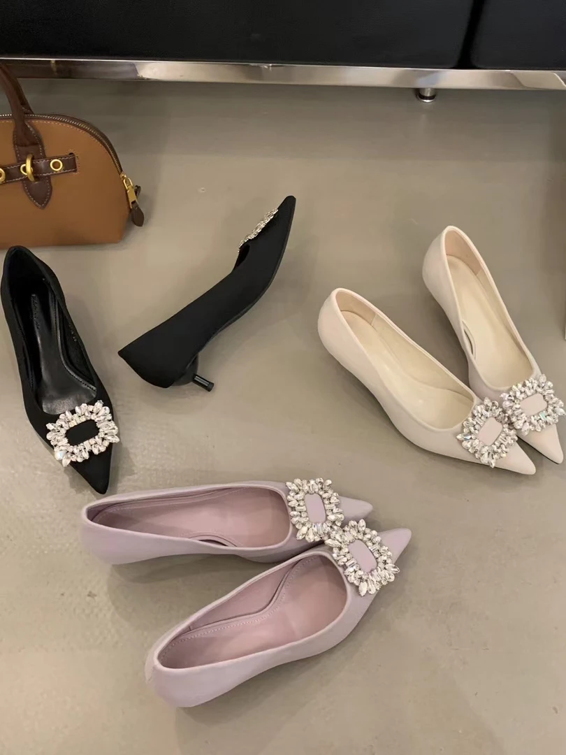 【茜茜】高级感名媛宴会单鞋尖头水钻浅口低跟通勤鞋女