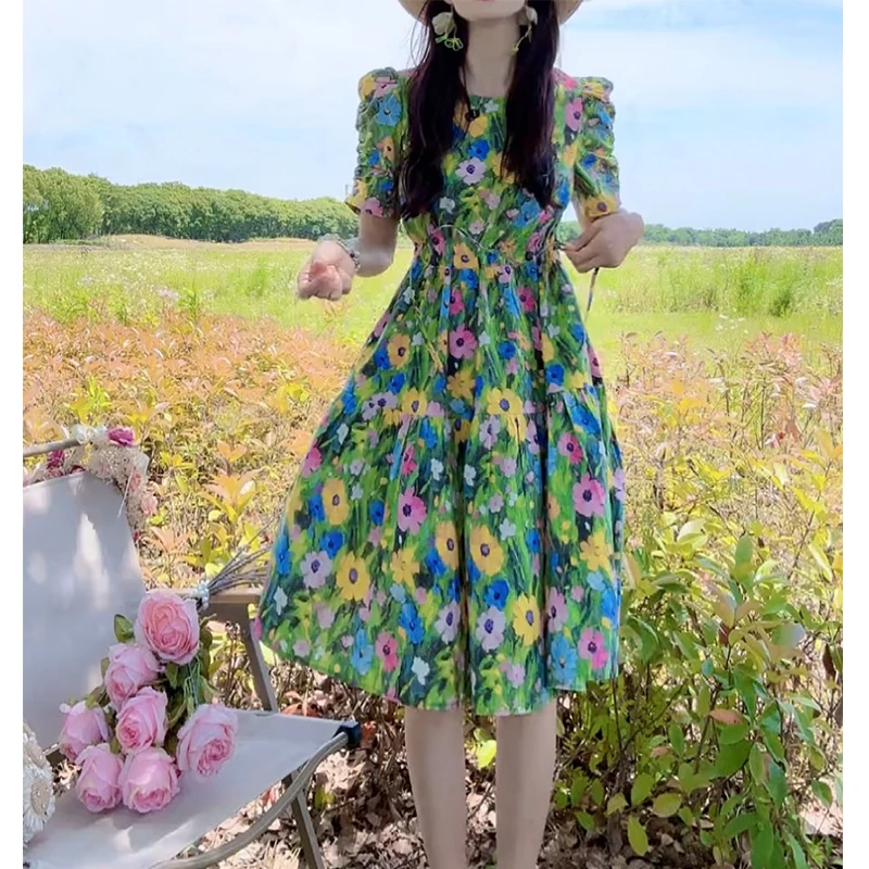 【绿影繁花】夏季款韩系连衣裙女装连衣裙显瘦气质收腰泡泡袖