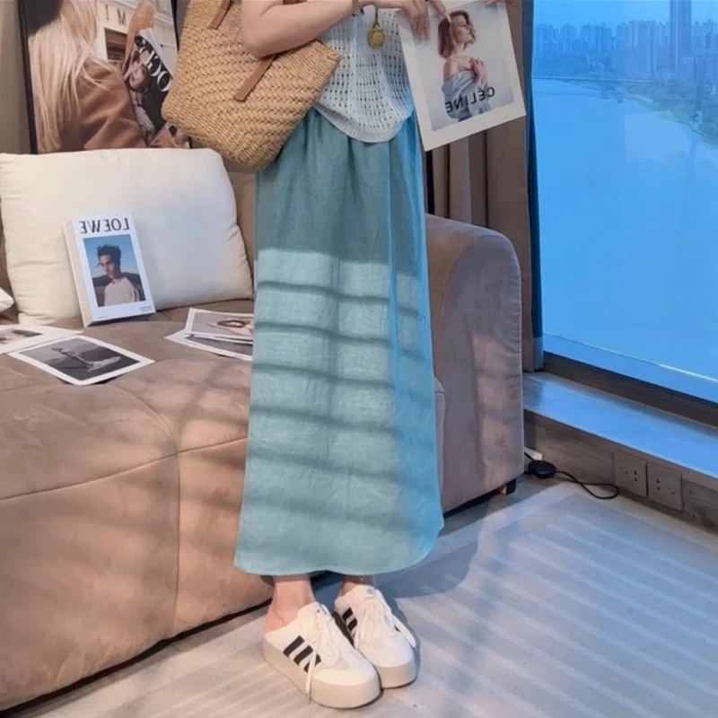 蓝色中长款半身裙显瘦气质夏季百搭休闲裙子时尚御姐风